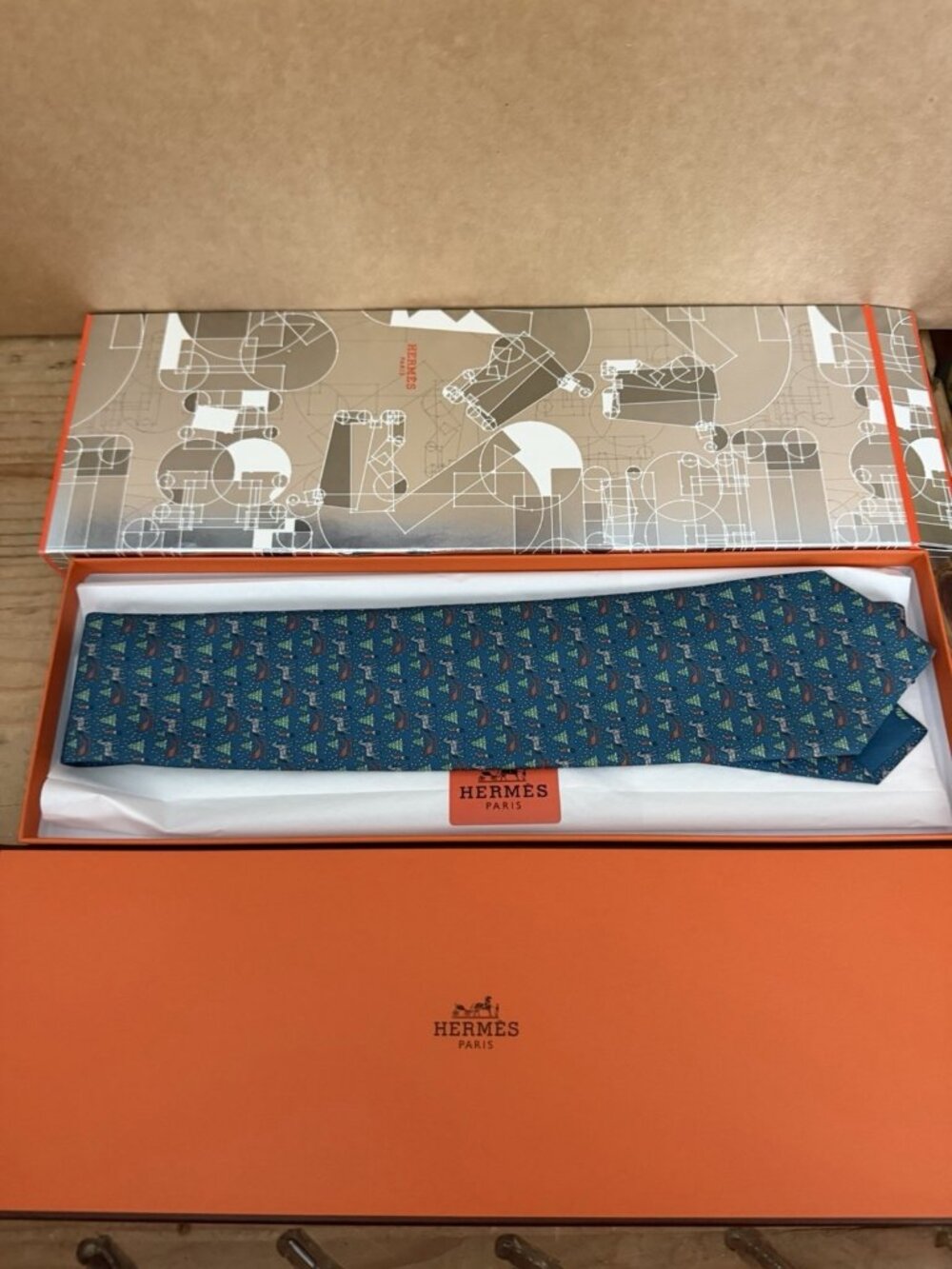 Hermès Paris Lad De Noel 100% Silk Cravate Twill 8cm Neck Tie Green Brown France